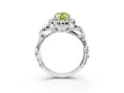 Halo Engagement Ring Setting for Fancy Yellow Oval Center with Open Scroll Shoulders and Prong Head in White Gold