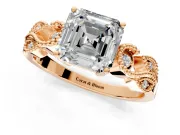 Leaf Engagement Ring Setting for Asscher Cut Center with Milgrain Accent Band and Prong Head in Rose Gold
