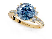 Paired Accent Engagement Ring Setting for Fancy Blue Round Cut Center with Pave Band and Prong Head in Yellow Gold