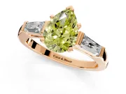 3 Stone Engagement Ring Setting for Fancy Yellow Pear-Shaped Center with Tapered Baguettes, Plain Band and Prong Head in Rose Gold
