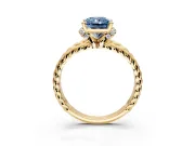 Halo Engagement Ring Setting for Fancy Blue Radiant Cut Center with Rope Twist Split Shank and Prong Head in Yellow Gold