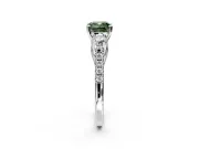 3 Stone Engagement Ring Setting for Fancy Green Cushion Cut Center with Crossover Basket, Pave Band and Prong Head in White Gold