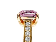 Solitaire Engagement Ring Setting for Fancy Pink Asscher Cut Center with Milgrain-Framed Pave Band and Prong Head in Yellow Gold