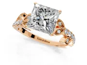 Leaf Motif Engagement Ring Setting for Princess Cut Center with Pave Band and Prong Head in Rose Gold