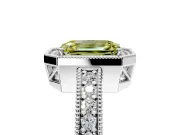 Milgrain Halo Engagement Ring Setting for Fancy Yellow Emerald Cut Center with Wide Pave Band and Prong Head in Platinum