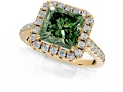 Halo Engagement Ring Setting for Fancy Green Princess Cut Center with Raised Halo, Pave Band and Prong Head in Yellow Gold