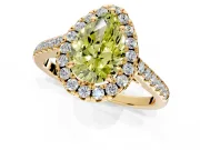 Halo Engagement Ring Setting for Fancy Yellow Pear-Shaped Center with Raised Halo, Pave Band and Prong Head in Yellow Gold