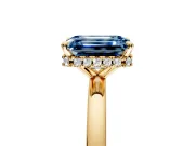 Hidden Halo Engagement Ring Setting for Fancy Blue Emerald Cut Center with Plain Band and Tall Prong Head in Yellow Gold