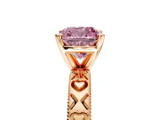 Solitaire Engagement Ring Setting for Fancy Pink Cushion Cut Center with XO Engraved Band and Prong Head in Rose Gold