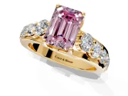 Solitaire Engagement Ring Setting for Fancy Pink Emerald Cut Center with Graduated Shared Prongs and Prong Head in Yellow Gold