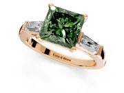 3 Stone Engagement Ring Setting for Fancy Green Princess Cut Center with Tapered Baguettes, Plain Band and Prong Head in Rose Gold