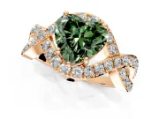 Halo Engagement Ring Setting for Fancy Green Heart-Shaped Center with Pave Infinity Twist Band and Prong Head in Rose Gold