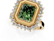 Halo Engagement Ring Setting for Fancy Green Radiant Cut Center with Milgrain Bezel Rim, Plain Band and Prong Head in Yellow Gold