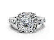 Milgrain Halo Engagement Ring Setting for Cushion Cut Center with Pave Band and Prong Head in Platinum