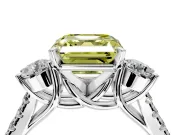 3 Stone Engagement Ring Setting for Fancy Yellow Asscher Cut Center with Crossover Basket, Pave Band and Prong Head in Platinum
