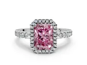 Accent Halo Engagement Ring Setting for Fancy Pink Radiant Cut Center with Full-Length Pave Band and Prong Head in White Gold