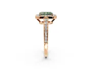 Bezel-Framed Halo Engagement Ring Setting for Fancy Green Radiant Cut Center with Pave Band and Prong Head in Rose Gold