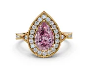 Halo Engagement Ring Setting for Fancy Pink Pear-Shaped Center with Milgrain Rim, Pave Band and Prong Head in Yellow Gold