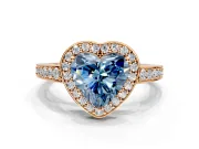 Bezel-Framed Halo Engagement Ring Setting for Fancy Blue Heart-Shaped Center with Pave Band and Prong Head in Rose Gold