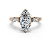 3 Stone Engagement Ring Setting for Marquise Center with Tapered Baguettes, Plain Band and Prong Head in Rose Gold