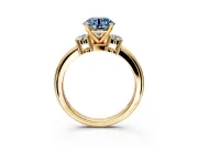 3 Stone Engagement Ring Setting for Fancy Blue Round Cut Center with Wide Plain Band and Prong Head in Yellow Gold