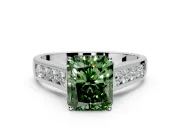 Solitaire Engagement Ring Setting for Fancy Green Radiant Cut Center with Round Cut Channel Band and Prong Head in White Gold