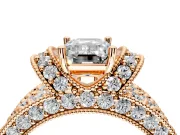 Pave Engagement Ring Setting for Emerald Cut Center with Curved Accent Rows, Openwork and Prong Head in Rose Gold