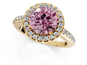 Pave Halo Engagement Ring Setting for Fancy Pink Round Cut Center with Single Row Pave Band and Prong Head in Yellow Gold