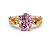 Leaf Engagement Ring Setting for Fancy Pink Oval Center with Milgrain Accent Band and Prong Head in Yellow Gold