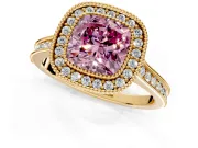 Halo Engagement Ring Setting for Fancy Pink Cushion Cut Center with Milgrain Pave Band and Bezel Head in Yellow Gold