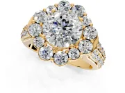 Large Accent Halo Engagement Ring Setting for Round Cut Center with Pave Split Shank and Prong Head in Yellow Gold