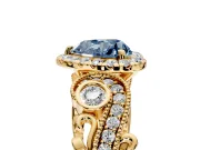 Milgrain Halo Engagement Ring Setting for Fancy Blue Heart-Shaped Center with Shoulder Bezels and Prong Head in Yellow Gold