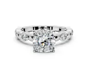 Solitaire Engagement Ring Setting for Cushion Cut Center with Beaded Bezel Station Band and Prong Head in Sterling Silver