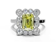 Cluster Halo Engagement Ring Setting for Fancy Yellow Emerald Cut Center with Milgrain Bezel Accents and Prong Head in Sterling Silver