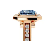 Halo Engagement Ring Setting for Fancy Blue Radiant Cut Center with Outer Bezel Rim, Pave Band and Prong Head in Rose Gold