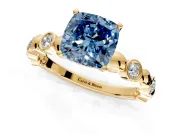 Solitaire Engagement Ring Setting for Fancy Blue Cushion Cut Center with Beaded Bezel Station Band and Prong Head in Yellow Gold