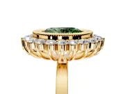 Halo Engagement Ring Setting for Fancy Green Oval Center with Milgrain Bezel Rim, Plain Band and Prong Head in Yellow Gold