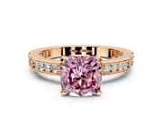 Solitaire Engagement Ring Setting for Fancy Pink Cushion Cut Center with Milgrain-Edged Pave Band and Prong Head in Rose Gold