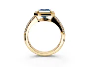 Milgrain Halo Engagement Ring Setting for Fancy Blue Asscher Cut Center with Three-Sided Pave Band and Prong Head in Yellow Gold