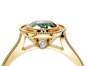Halo Engagement Ring Setting for Fancy Green Oval Center with Milgrain Pave Band and Bezel Head in Yellow Gold