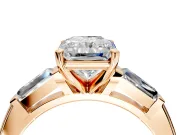 3 Stone Engagement Ring Setting for Radiant Cut Center with Tapered Baguettes, Plain Band and Prong Head in Rose Gold
