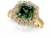 Milgrain Halo Engagement Ring Setting for Fancy Green Asscher Cut Center with Bezel Point Accents and Prong Head in Yellow Gold