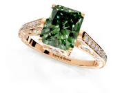 Cathedral Engagement Ring Setting for Fancy Green Radiant Cut Center with Antique-Style Pave Band and Prong Head in Rose Gold