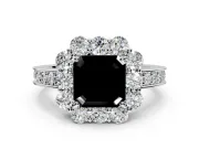 Halo Engagement Ring Setting for Fancy Black Asscher Cut Center with Milgrain Channel Band and Prong Head in White Gold