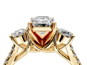 3 Stone Engagement Ring Setting for Emerald Cut Center with Crossover Basket, Pave Band and Prong Head in Yellow Gold