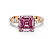 Cluster Engagement Ring Setting for Fancy Pink Asscher Cut Center with Round Cut Accent Band and Prong Head in Rose Gold
