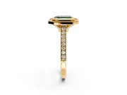 Halo Engagement Ring Setting for Fancy Green Asscher Cut Center with Milgrain Pave Band and Bezel Head in Yellow Gold