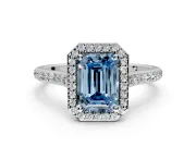 Halo Engagement Ring Setting for Fancy Blue Emerald Cut Center with Pave Accents, Heart Basket and Prong Head in Platinum