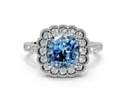 Milgrain Floral Halo Engagement Ring Setting for Fancy Blue Cushion Cut Center with Pave Band and Prong Head in Sterling Silver
