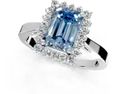 Starburst Halo Engagement Ring Setting for Fancy Blue Emerald Cut Center with Flat Cathedral Band and Prong Head in Platinum